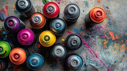 Colorful spray paint cans scattered on textured concrete surface with bright pigment splashes, urban graffiti tools composition representing street art creativity.