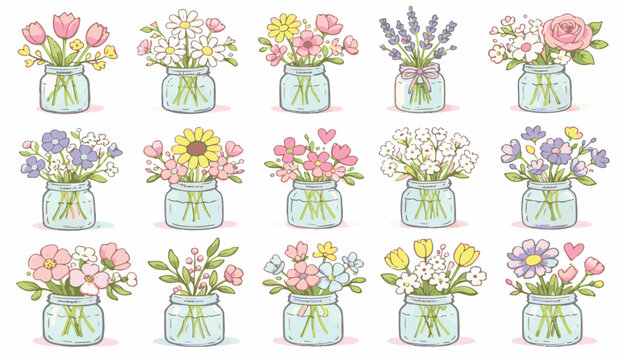 Cute hand drawn floral bouquets in small glass jars, kawaii wildflower arrangements in mason jars vector illustration set