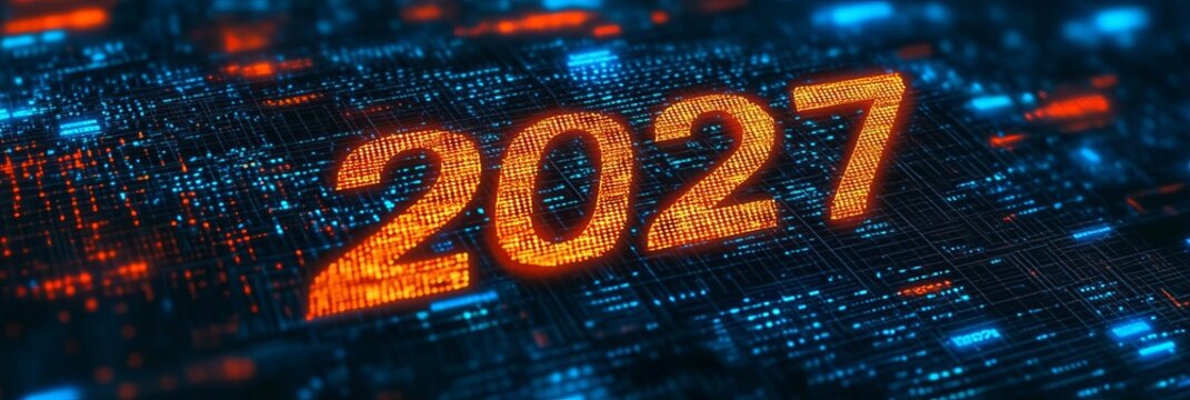 Futuristic Digital Data Stream Illustration for Year 2027, Matrix Code with Blue and Orange Lights