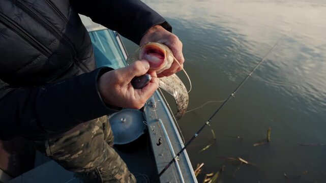 Fisherman removing hook from freshly caught river fish on boat