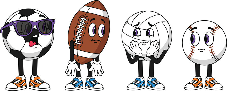 Set of cute cartoon sports ball characters including soccer football volleyball and baseball with funny faces and sneakers vector illustration for kids mascot designSet of cute cartoon sports ball cha