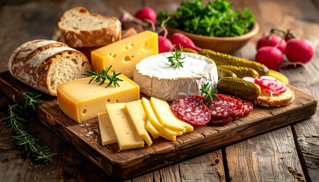 Rustikales Brotzeitbrett mit K&auml;se und Wurst