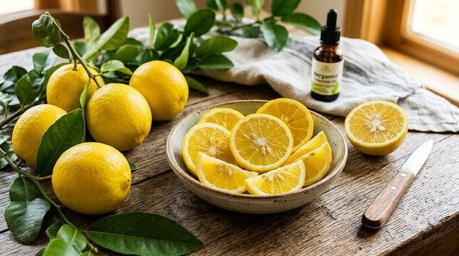 Fresh Bergamot Oranges with Slices in Bowl and Essential Oil Bottle on Wooden Table
