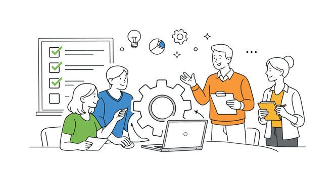 Professionals improving team coordination during a structured workflow meeting, several coworkers gathered around a large gear connected to a laptop while a simple checklist board represents