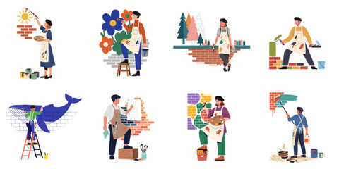 Flat Illustration Set of Diverse Artists and Muralists Creating Colorful Street Art and Large Scale Wall Paintings with Various Tools © Muqodimatul