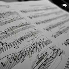 Close-up of Musical Score Sheet with Notes and Annotations in Black and White