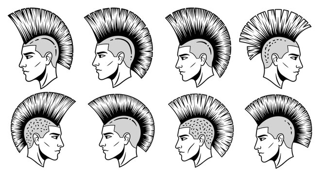 Collection of Punk Rock Mohawk Hairstyle Illustrations.