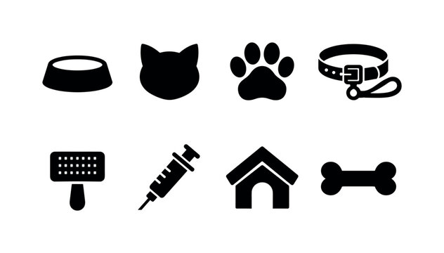 Pet care essentials: dog bowl, cat head silhouette, pet paw print, pet leash collar, grooming brush, veterinary syringe, pet house kennel, bone treat