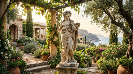 Dionysus Garden Statue Surrounded by Grapevines &ndash; Classical Greek Mythology Scene