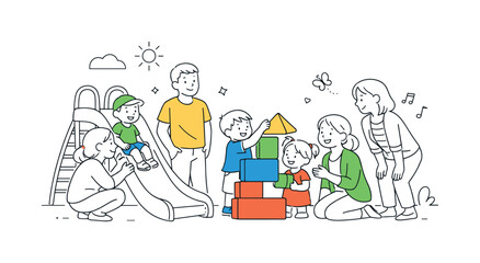 A group of parents and children enjoying a warm morning at a modern kindergarten playground while teachers supervise daily activities, gathered around a large simple slide and a colorful toy