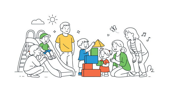 A group of parents and children enjoying a warm morning at a modern kindergarten playground while teachers supervise daily activities, gathered around a large simple slide and a colorful toy