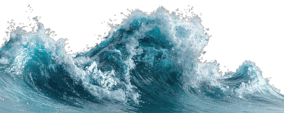 A powerful blue ocean wave crests and crashes with white foam against a black background
