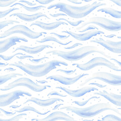 Blue watercolor sea wave seamless pattern. Abstract nautical water ripple background. Marine children collection. Pastel blue brush stroke pattern design. Textured hand drawn artistic repeating