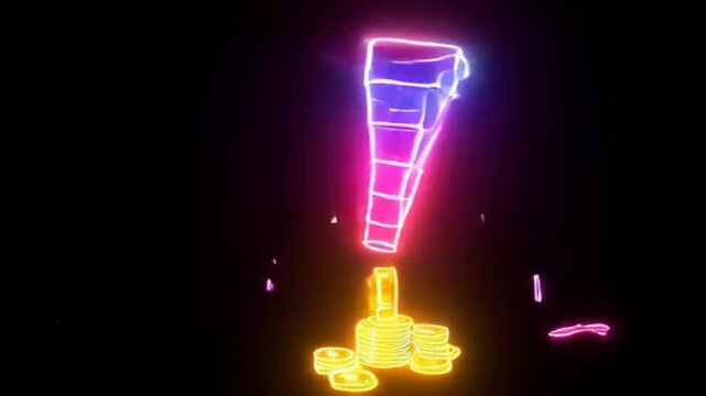 Glowing neon Sales Funnel Icon isolated on black background. sales funnel conversion concept with person and dollar coins. Perfect for digital marketing presentations and website content. 
