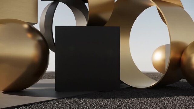 A golden sphere rests in front of a dark cube, with other abstract shapes in the background, creating a visually appealing and modern composition with a focus on form and light