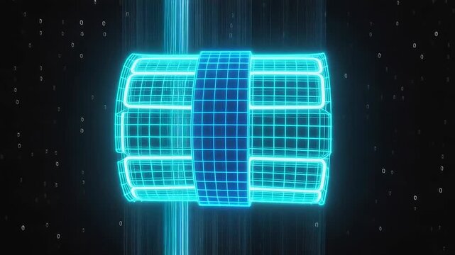 Futuristic glowing cylinder with digital patterns in dark space, creating a sci-fi atmosphere