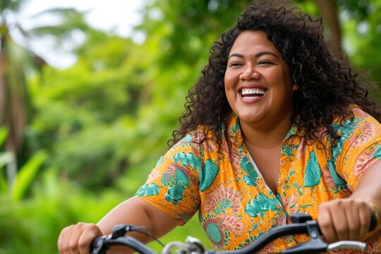 Samoan woman laughing outdoors bicycle.