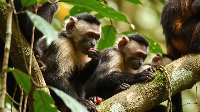 Several capuchin monkeys are perched on a thick tree branch, surrounded by lush green foliage, with a few red berries visible, creating a vibrant scene in their natural habitat