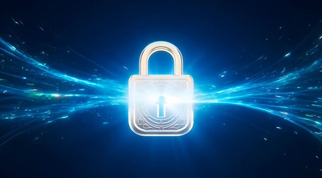Golden padlock glowing brightly amidst streaks of blue, suggesting digital security