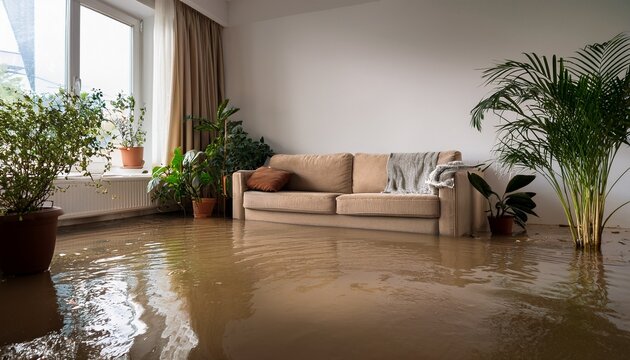 living room with a flooded floor featuring a cozy sofa houseplants unexpected home disaster deluge and flood