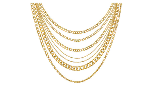A gold chain necklace with multiple layered chains on a white background