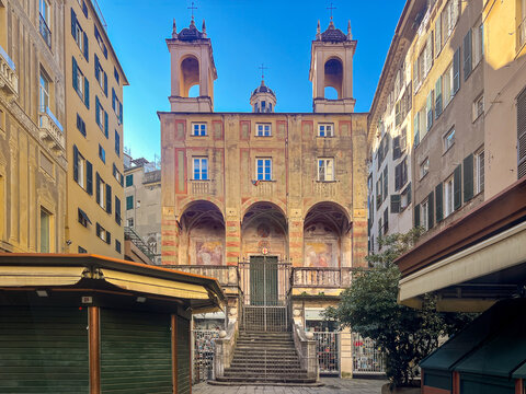 Genoa, Italy - Church of San Pietro in Banchi (16th century) in the historic center of Genoa with staircase and three-arched loggia