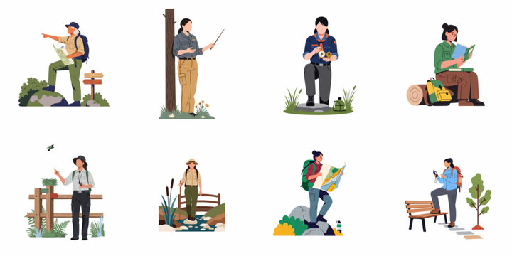 Set of vector illustrations featuring women in park ranger and outdoor adventure roles, including hiking, navigating with maps, and exploring nature.