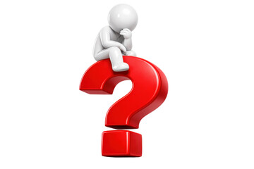 3D render of a small white human figure sitting on a large glossy red question mark, contemplating, isolated on white