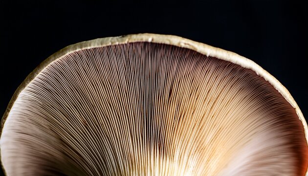 view of the bottom of oyster mushroom looking at gills under the cap with a black background closeup