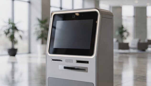 Compact unmanned booth with interactive video teller in an office lobby setting clear focus on user interface while surroundings softly fade out.