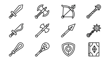 fantasy rpg weapon line icons, medieval game armory set with sword, axe, bow, shield, staff, mace, and magic spellbook, minimalist vector outline for role playing adventure equipment and war gear desi © MD FARIDUL
