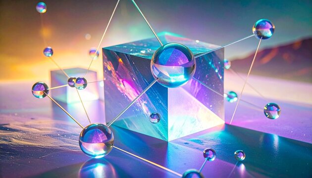 illustrazione 3D di cubi trasparenti e molecole sferiche e multicolore su una superficie piana, illuminati da una luce brillante, in un ambiente di fantasia