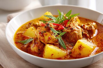 Fototapeta premium Spicy chicken curry with potatoes and herbs served in a bowl