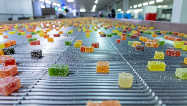 Colorful Gummy Candy Jelly Cube Production Line in a Modern Candy Factory moving quickly on a conveyor belt in a processing or packing facility with bright overhead lighting