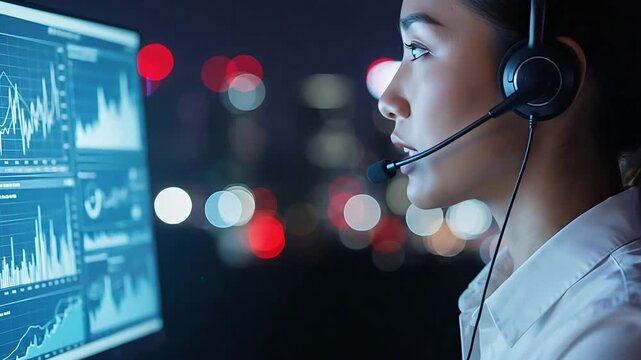 Woman wearing headset looks at computer screen with graphs and charts at night with city lights