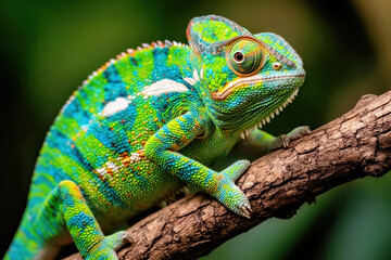 Obraz premium Captivating Close-up of a Vibrant Green and Blue Veiled Chameleo