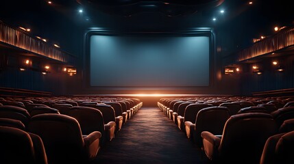 Fototapeta premium Breathtaking architectural photograph of an empty corporate auditorium, featuring plush velvet theater seating and a glowing wooden stage.