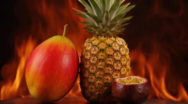 mango Pineapple Passion Fruit with Dramatic Fire Flames Background