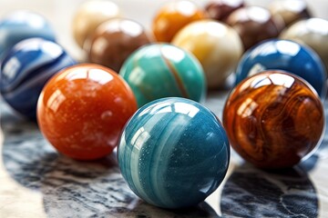 Colorful Glass Marbles Close Up &ndash; Shiny Toy Balls on Surface