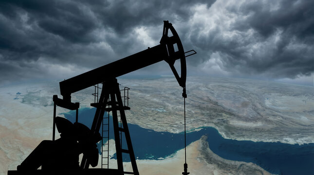 Silhouette of an oil pumpjack over a satellite map view of the middle east and Strait of Hormuz under stormy clouds