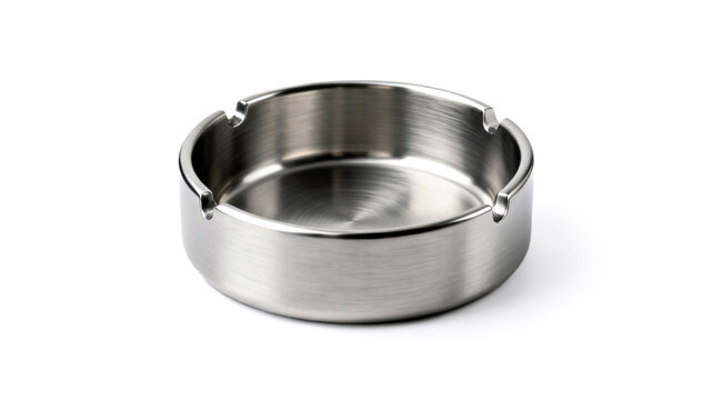 A classic, durable round ashtray made of high-quality brushed stainless steel with cigarette slots, isolated on a clean white background.