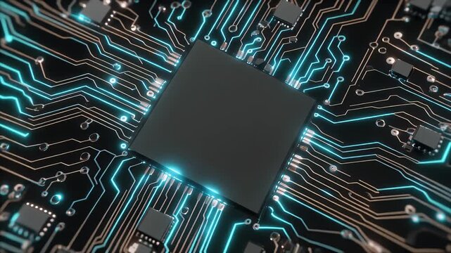 Central processing unit on a high-tech circuit board with glowing blue connections, representing advanced digital technology, data flow, and the core of modern computing systems