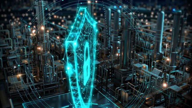 Cyberattacks critical infrastructure. Critical infrastructure cyber breaches. Cyber protection. Futuristic digital shield with lock symbol protecting an industrial plant