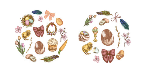 Obraz premium Hand drawn vintage easter decorative sets with egg chick feather ribbon flower branch colored illustration