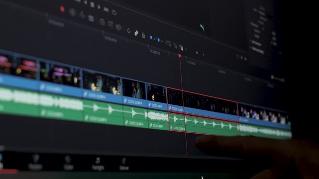 Video editing timeline interface with clips and audio tracks on screen, Finger pointing at digital workstation display during multimedia postproduction process