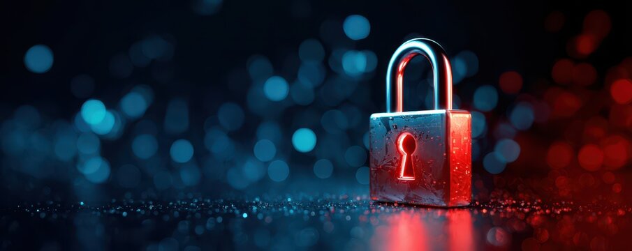 Shiny metallic padlock illuminated with red and blue light on  dark surface with bokeh