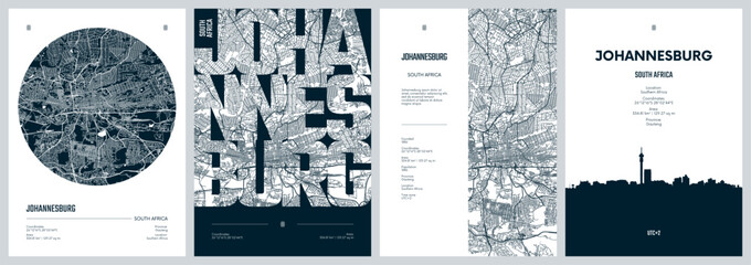 Set of travel posters with Johannesburg the most populous city in South Africa, detailed urban street plan city map, Silhouette city skyline, vector artwork © max_776