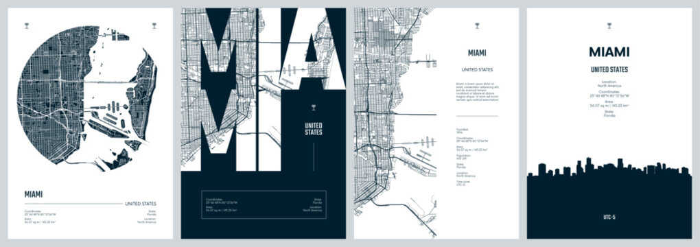 Set of travel posters design with street plan Miami a coastal city in the U.S. state of Florida, Silhouette city skyline, vector artwork, Monochrome printable detailed urban city map