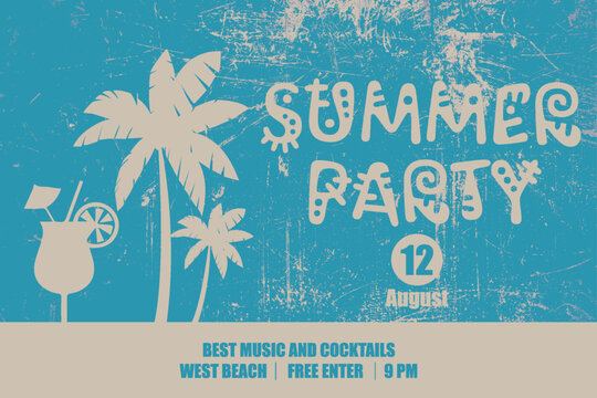 Vibrant summer party invitation featuring a cheerful cartoon penguin, palm tree, and festive text on a bright blue tropical background