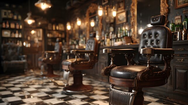 Breathtakingly realistic photograph of an empty classic vintage barbershop, featuring antique leather chairs and checkerboard tile floors.